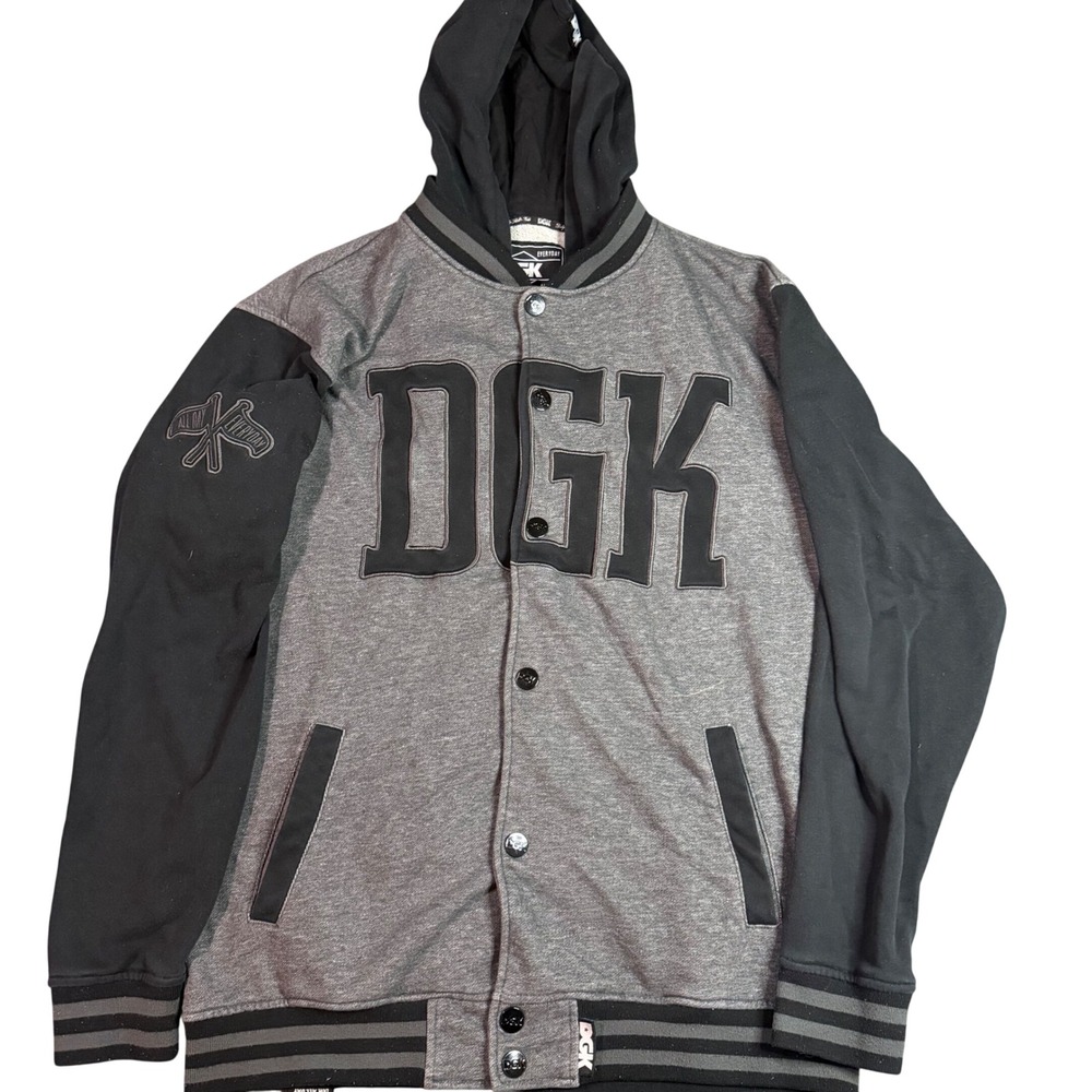 DGK Varsity Jacket Mens XL Gray Black Hooded Snap Front Dirty Ghetto Kids Fleece
